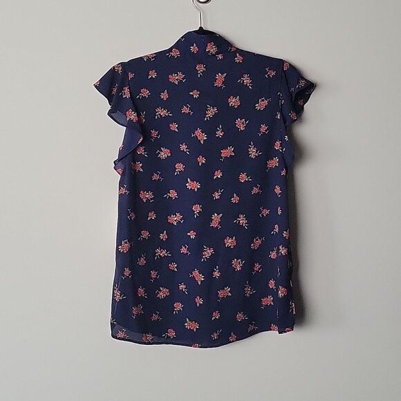 NWT Zara XS Navy Sheer Retro Coquette Neck Tie BOW Ruffle Cottagecore Blouse - Picture 8 of 13